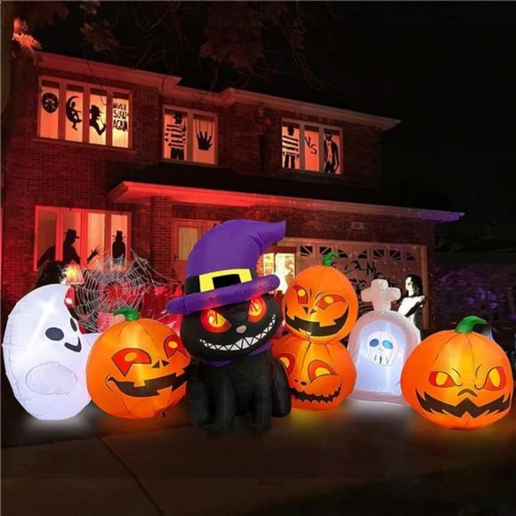 8 FT Long Halloween Inflatables - Blow Up Cat & Pumpkin Lanterns with LED Lights